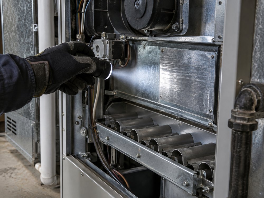 A technician's torch beam across the inside of an open furnace cabinet, the rating label visible at a raking angle.